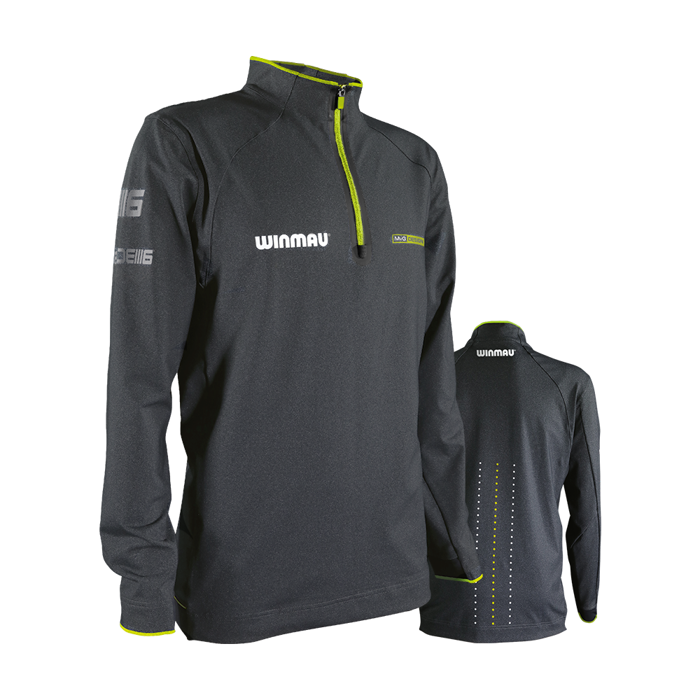 Das Bild zeigt ein dunkelgraues Langarmshirt mit gelben Akzenten und einem Reißverschluss am Kragen. Auf dem Shirt sind die Logos "Winmau" und "MVG" zu sehen.